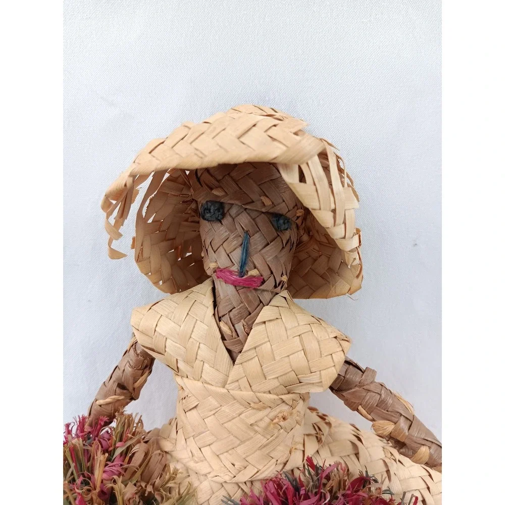 Hand Woven Straw Doll Figurine Folk Art Dress Hat Unique‎ Accent Piece